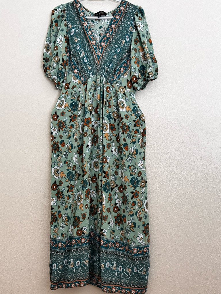 Suzanne Betro Sage Green Floral V-Neck Maxi Dress